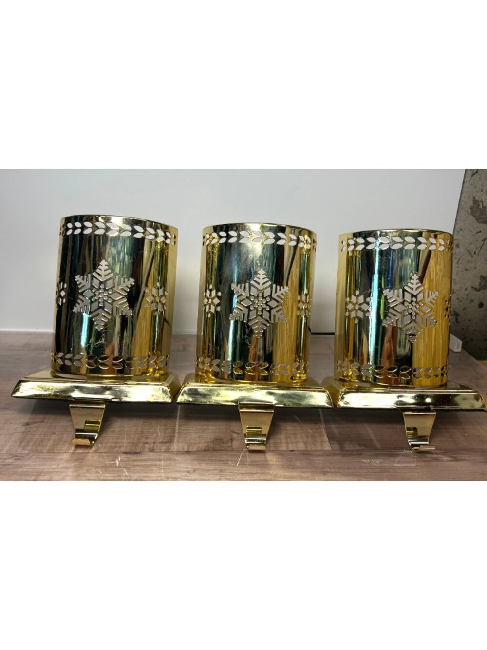 Set Of 3 Gold Metal Snowflake Stocking Holders With Candle Holder Inserts